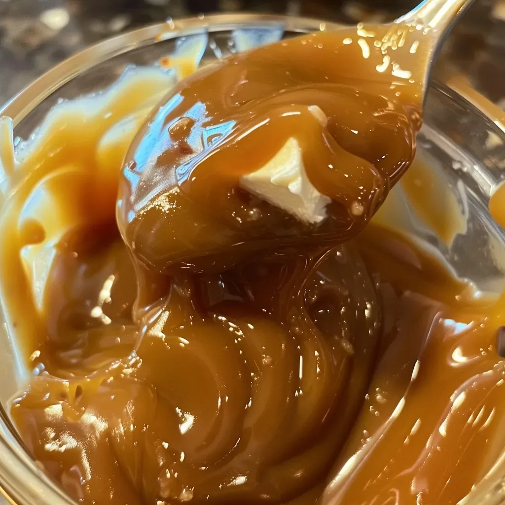 ['Close-up of a jar filled with rich, glossy bourbon caramel sauce.', 'Side view of creamy bourbon caramel sauce drizzled over a dessert.', 'Thick bourbon caramel sauce in a glass container, glistening under light.', 'Small bowl of homemade bourbon caramel sauce with a spoon beside it.']