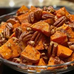 ['A close-up view of sliced sweet potatoes topped with chopped pecans and a glaze.', 'Juicy Bourbon Maple Pecan Sweet Potatoes garnished with nuts and syrup.', 'Side view of delicious sweet potato cubes coated in a rich maple bourbon sauce.', 'A vibrant dish of Bourbon Maple Pecan Sweet Potatoes showcasing their glossy finish.']