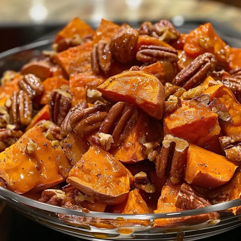 ['A close-up view of sliced sweet potatoes topped with chopped pecans and a glaze.', 'Juicy Bourbon Maple Pecan Sweet Potatoes garnished with nuts and syrup.', 'Side view of delicious sweet potato cubes coated in a rich maple bourbon sauce.', 'A vibrant dish of Bourbon Maple Pecan Sweet Potatoes showcasing their glossy finish.']