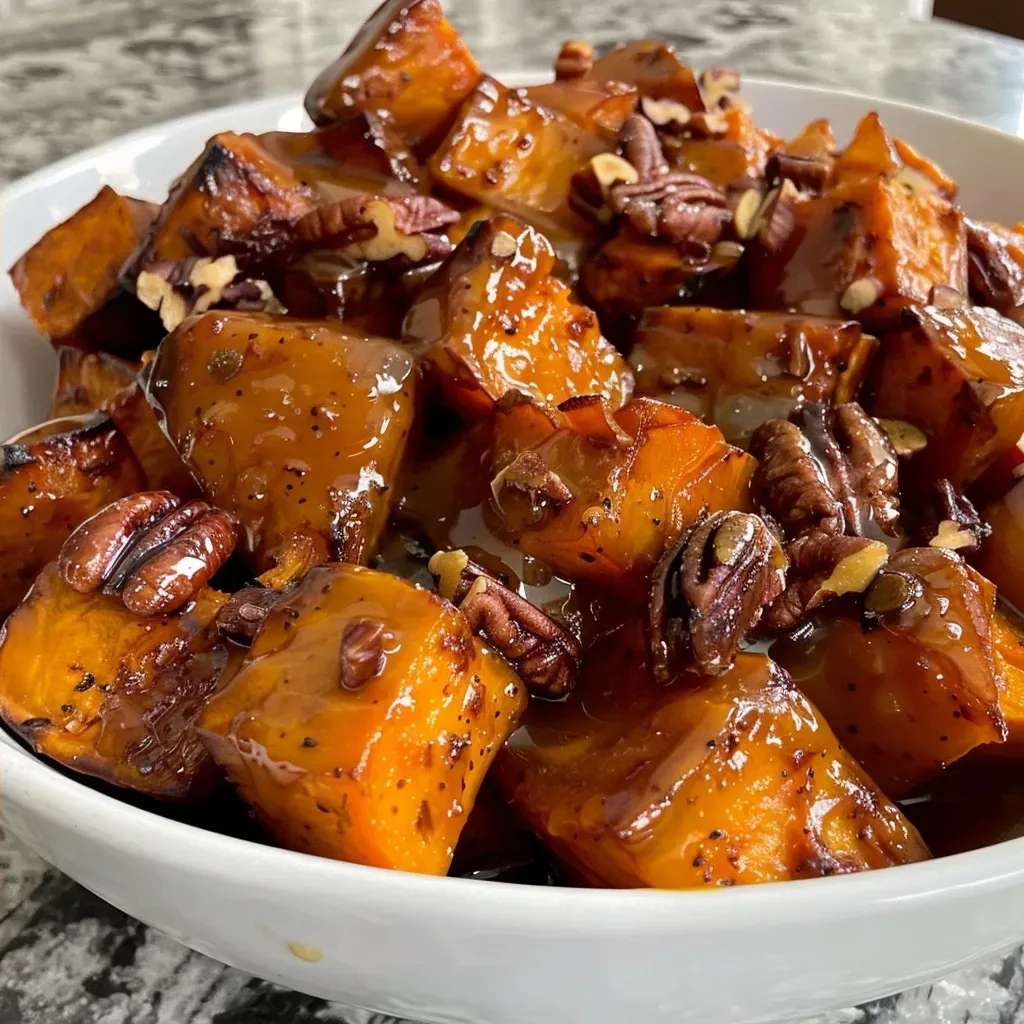 ['A close-up view of sliced sweet potatoes topped with chopped pecans and a glaze.', 'Juicy Bourbon Maple Pecan Sweet Potatoes garnished with nuts and syrup.', 'Side view of delicious sweet potato cubes coated in a rich maple bourbon sauce.', 'A vibrant dish of Bourbon Maple Pecan Sweet Potatoes showcasing their glossy finish.']