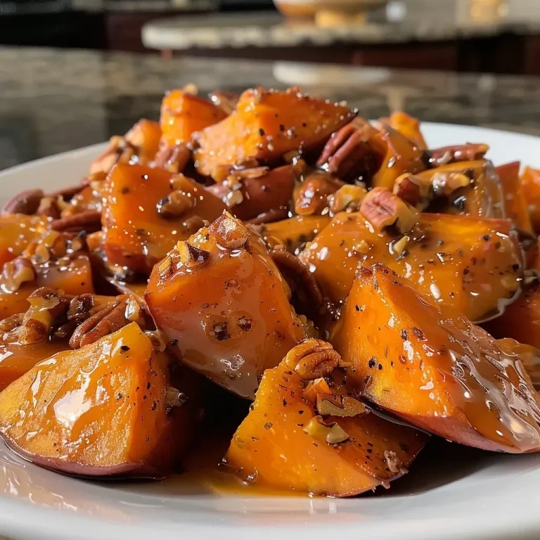 ['Close-up view of Bourbon Maple Sweet Potatoes with glaze and pecans.', 'Juicy sweet potatoes in a bourbon and maple syrup sauce, garnished with pecans.', 'Side view of roasted sweet potatoes coated in a glossy bourbon maple glaze.', 'Sliced sweet potatoes in a rich brown sauce, highlighting the cinnamon and nutmeg.']