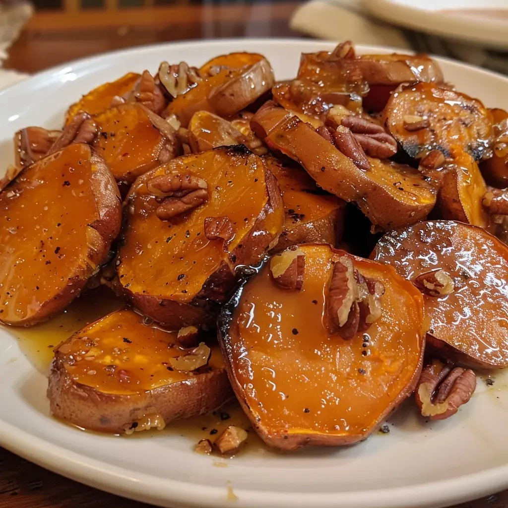 ['Close-up view of Bourbon Maple Sweet Potatoes with glaze and pecans.', 'Juicy sweet potatoes in a bourbon and maple syrup sauce, garnished with pecans.', 'Side view of roasted sweet potatoes coated in a glossy bourbon maple glaze.', 'Sliced sweet potatoes in a rich brown sauce, highlighting the cinnamon and nutmeg.']