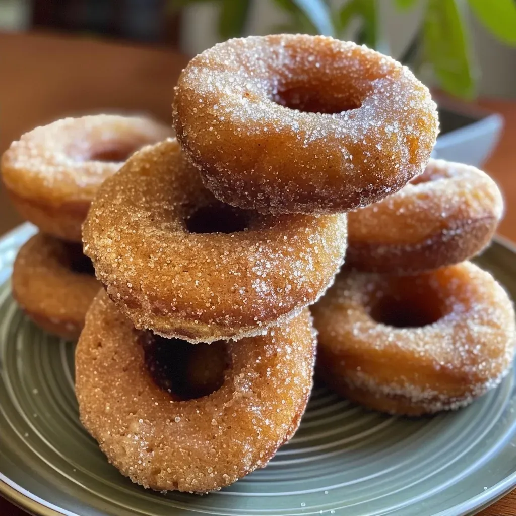 ['Close-up of golden-brown donuts coated in cinnamon sugar, with a soft and fluffy texture.', 'Side view of freshly made brown butter apple cider donuts, glistening with cinnamon sugar.', 'A tempting display of apple cider donuts, showcasing their rich color and dusting of cinnamon sugar.', 'Deliciously browned donuts featuring a warm cinnamon sugar coating and a moist interior.']