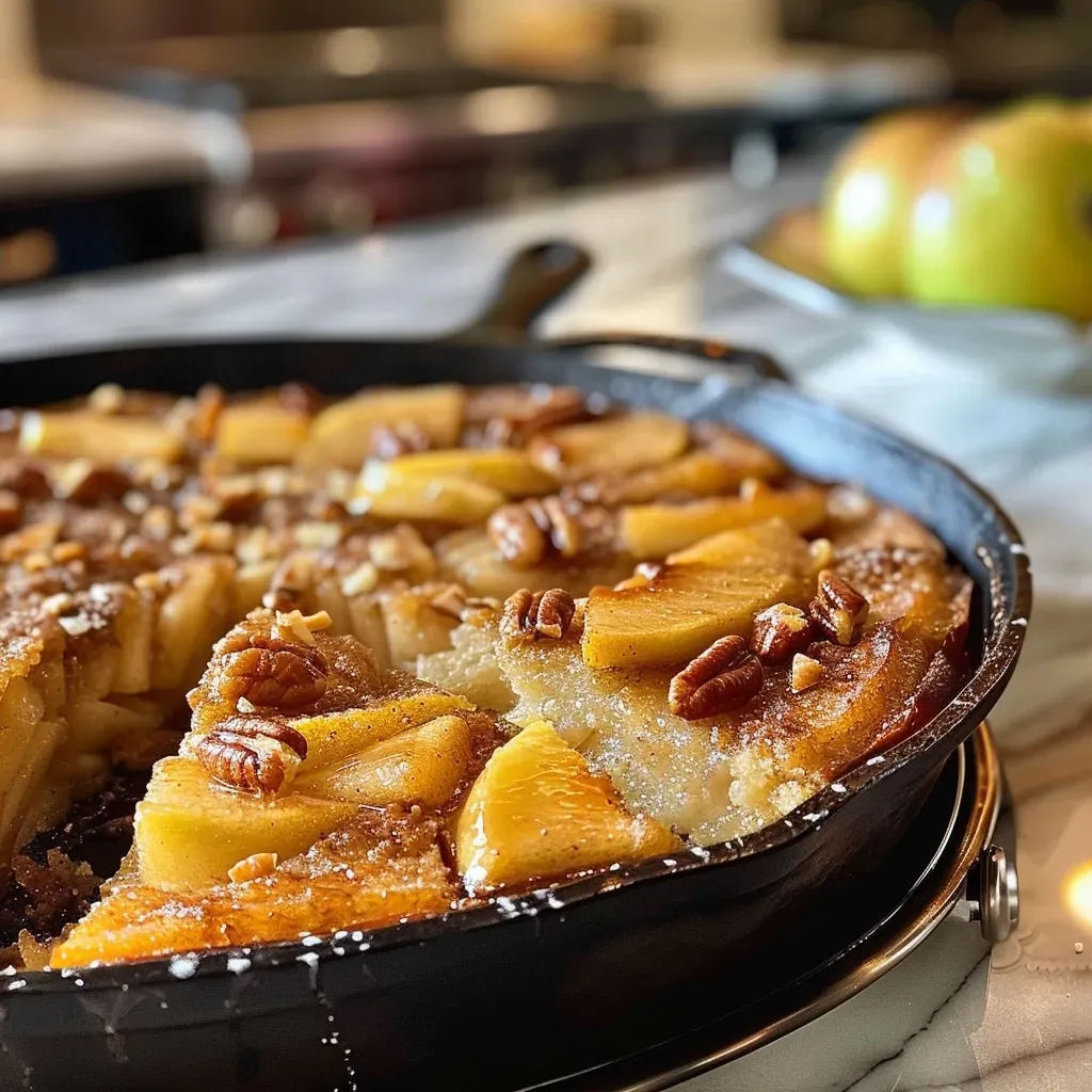 ['Close-up of a slice of Brown Butter Apple Cinnamon Skillet Cake showcasing its moist texture and apple pieces.', 'Side view of a freshly baked Brown Butter Apple Cinnamon Skillet Cake with a golden-brown crust and apple chunks.', 'Detail shot of Brown Butter Apple Cinnamon Skillet Cake highlighting the cinnamon topping and apple slices.', 'Appetizing image of Brown Butter Apple Cinnamon Skillet Cake with melted butter glistening on top and a hint of cinnamon.']