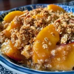 ['Close-up view of a Brown Butter Peach Crisp topped with crumbs and fresh peach slices.', 'Side view of a baked peach crisp with a golden-brown topping and juicy peaches visible.', 'A detailed shot of a Brown Butter Peach Crisp showing its crispy topping and soft peach filling.', 'Close-up of a delicious peach dessert with a crunchy topping and drizzled caramel.']
