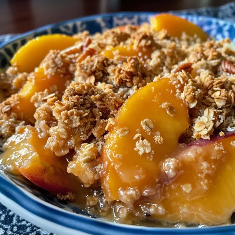 ['Close-up view of a Brown Butter Peach Crisp topped with crumbs and fresh peach slices.', 'Side view of a baked peach crisp with a golden-brown topping and juicy peaches visible.', 'A detailed shot of a Brown Butter Peach Crisp showing its crispy topping and soft peach filling.', 'Close-up of a delicious peach dessert with a crunchy topping and drizzled caramel.']
