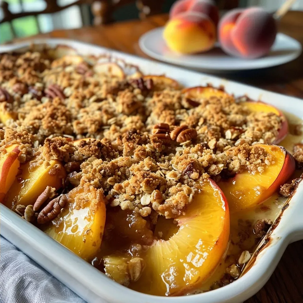 ['Close-up view of a Brown Butter Peach Crisp topped with crumbs and fresh peach slices.', 'Side view of a baked peach crisp with a golden-brown topping and juicy peaches visible.', 'A detailed shot of a Brown Butter Peach Crisp showing its crispy topping and soft peach filling.', 'Close-up of a delicious peach dessert with a crunchy topping and drizzled caramel.']