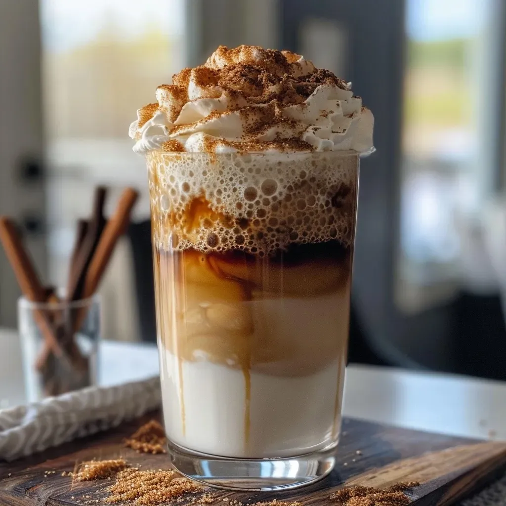 ['Close-up of Brown Sugar Cold Foam in a clear glass with a creamy texture.', 'Side view of a Brown Sugar Cold Foam drink with a frothy topping.', 'Delicious Brown Sugar Cold Foam with cinnamon sprinkles in a glass.', 'Creamy Brown Sugar Cold Foam drink showcasing its layered appearance.']