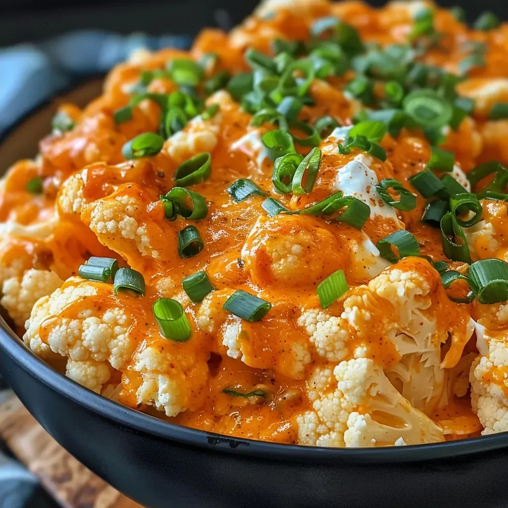 ['Close-up view of creamy Buffalo Cauliflower Dip in a bowl, with vibrant orange hot sauce on top.', 'Side angle of a serving of Buffalo Cauliflower Dip, showcasing its cheesy texture and garnished with chives.', 'Detailed shot of Buffalo Cauliflower Dip, highlighting the cauliflower florets and melted cheese blend.', 'Appetizing view of Buffalo Cauliflower Dip, featuring a smooth surface with green onion sprinkles.']