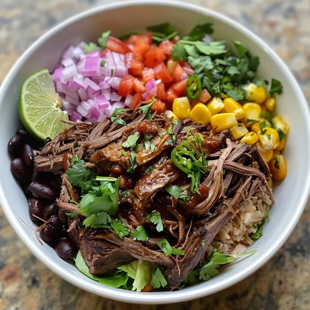 ['Close-up view of a colorful burrito bowl featuring shredded beef, lettuce, corn, and pickled onions.', 'Side perspective of a savory burrito bowl, showcasing vibrant ingredients like beans, cilantro, and lime wedges.', 'Detailed shot of a delicious burrito bowl filled with barbacoa, fresh greens, and topped with garlic and spices.', 'Appetizing image of a burrito bowl with layers of meat, vegetables, and a sprinkle of cilantro.']
