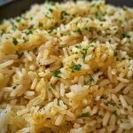 ['Close-up view of butter rice garnished with bay leaves.', 'Side view of a bowl of butter rice with glistening grains.', 'Detailed shot of buttery rice, showcasing its fluffy texture.', 'Juicy butter rice with finely diced onions visible in the mix.']