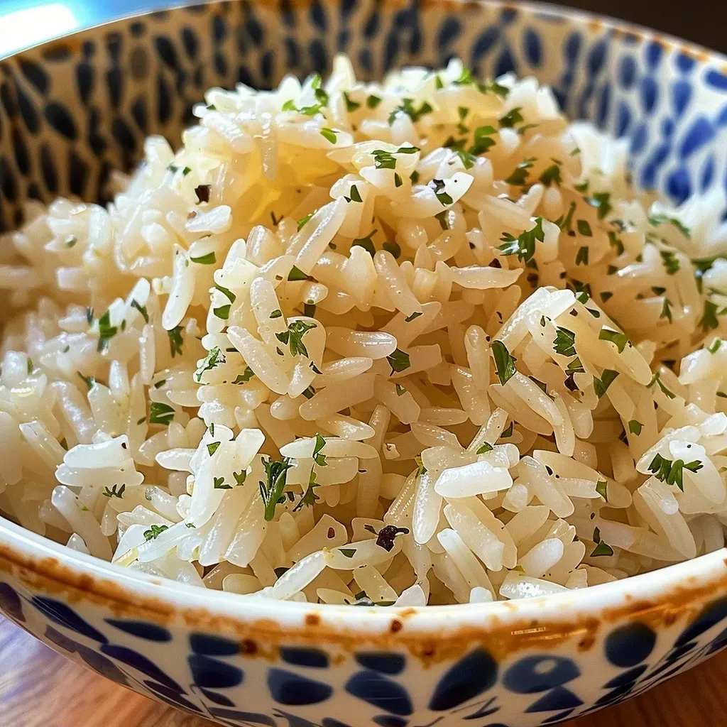 Close-up view of butter rice garnished with bay leaves.