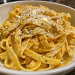 ['Close-up of creamy Butternut Squash Alfredo Pasta with a vibrant orange hue.', 'Side view of a delicious bowl of Butternut Squash Alfredo Pasta garnished with herbs.', 'Juicy Butternut Squash Alfredo Pasta with a drizzle of sauce and grated cheese on top.', 'Close-up of pasta featuring chunks of butternut squash, creamy sauce, and fresh sage.']