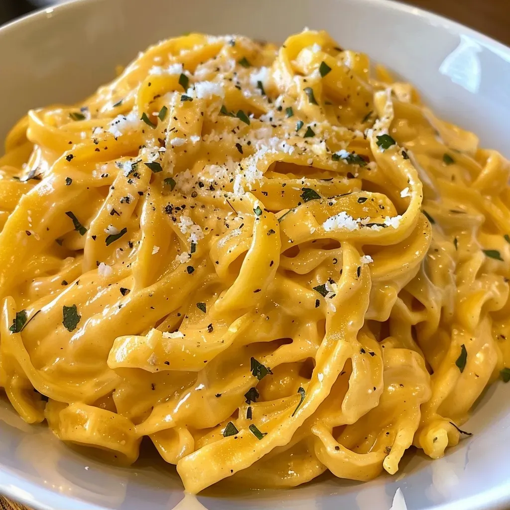 ['Close-up of creamy Butternut Squash Alfredo Pasta with a vibrant orange hue.', 'Side view of a delicious bowl of Butternut Squash Alfredo Pasta garnished with herbs.', 'Juicy Butternut Squash Alfredo Pasta with a drizzle of sauce and grated cheese on top.', 'Close-up of pasta featuring chunks of butternut squash, creamy sauce, and fresh sage.']