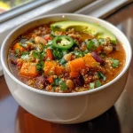 ['Close-up view of a bowl of Butternut Squash and Quinoa Chili with colorful ingredients.', 'Side profile of a hearty Butternut Squash and Quinoa Chili filled with vibrant vegetables.', 'Detailed photo of a steaming bowl of Butternut Squash and Quinoa Chili, garnished with avocado and scallions.', 'Juicy Butternut Squash and Quinoa Chili in a bowl, showcasing its rich texture and colors.']
