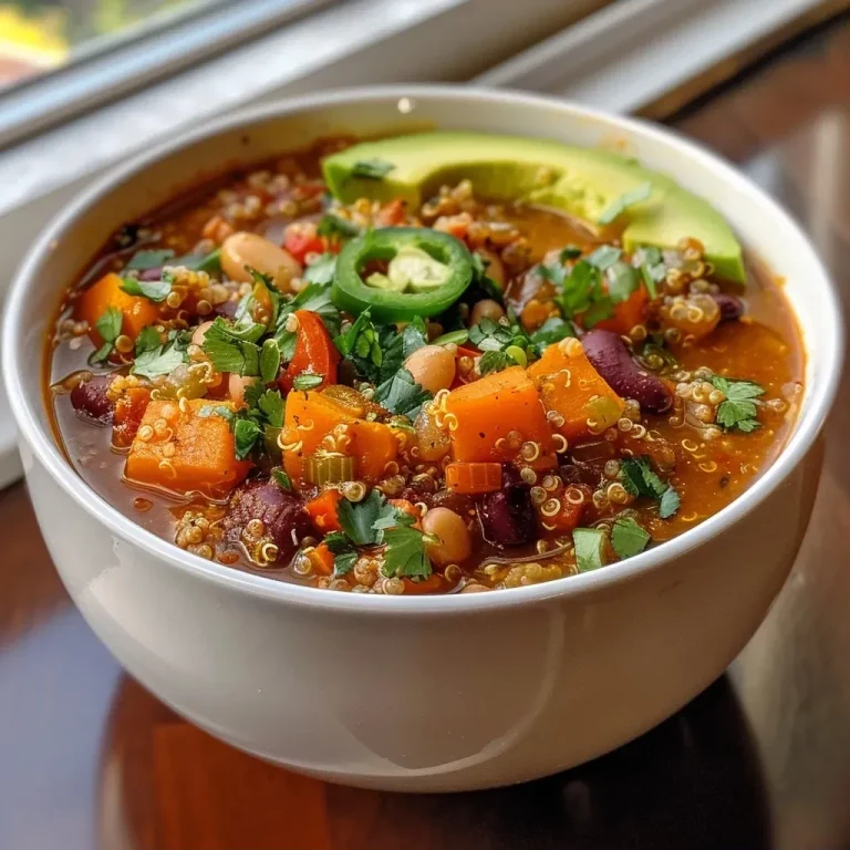 ['Close-up view of a bowl of Butternut Squash and Quinoa Chili with colorful ingredients.', 'Side profile of a hearty Butternut Squash and Quinoa Chili filled with vibrant vegetables.', 'Detailed photo of a steaming bowl of Butternut Squash and Quinoa Chili, garnished with avocado and scallions.', 'Juicy Butternut Squash and Quinoa Chili in a bowl, showcasing its rich texture and colors.']