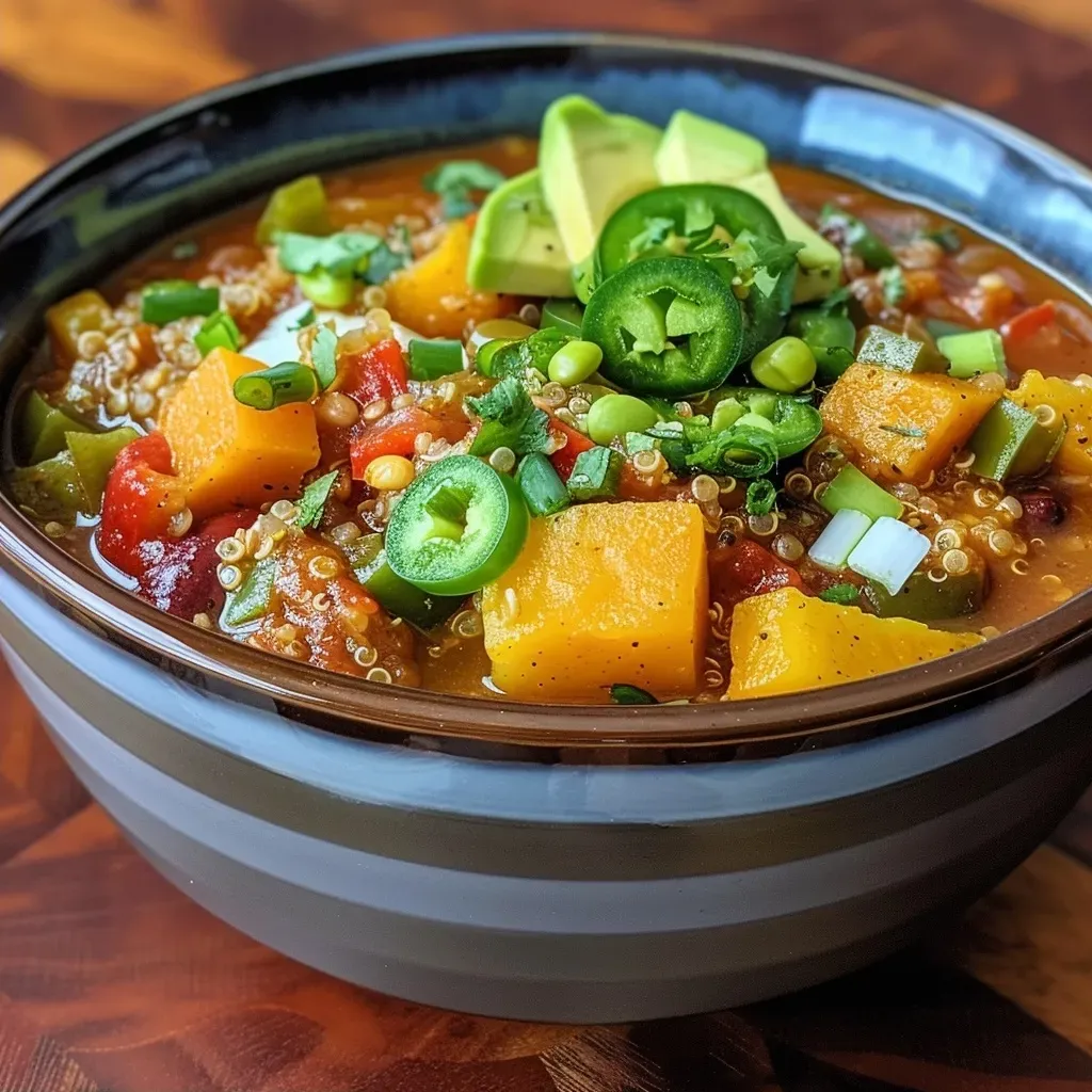 ['Close-up view of a bowl of Butternut Squash and Quinoa Chili with colorful ingredients.', 'Side profile of a hearty Butternut Squash and Quinoa Chili filled with vibrant vegetables.', 'Detailed photo of a steaming bowl of Butternut Squash and Quinoa Chili, garnished with avocado and scallions.', 'Juicy Butternut Squash and Quinoa Chili in a bowl, showcasing its rich texture and colors.']