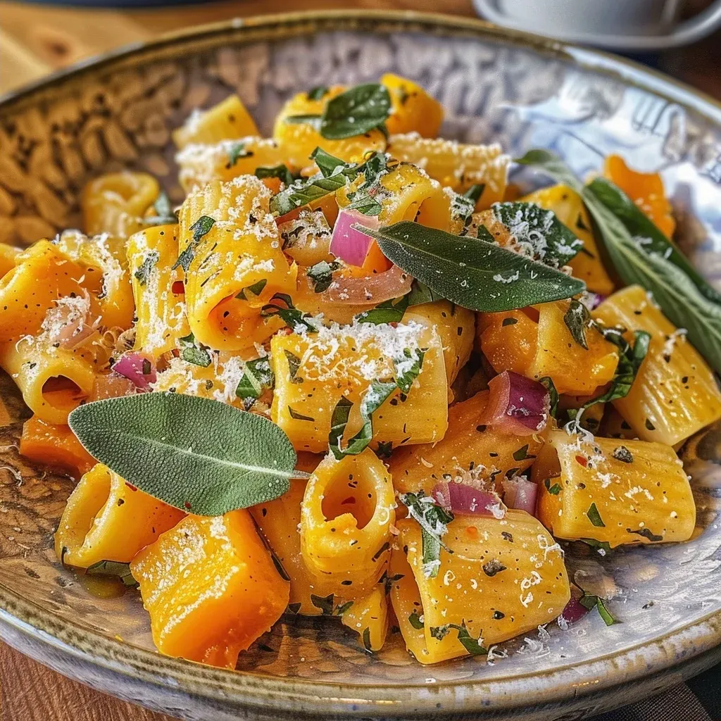 ['Close up of Butternut squash and sage pasta with vibrant orange and green colors.', 'A plate of Butternut squash and sage pasta, showcasing diced squash and fresh sage leaves.', 'Side view of a delicious pasta dish featuring butternut squash and sage, with herbs and spices.', 'Juicy pasta made with butternut squash, red onion, and sage, beautifully arranged on a plate.']