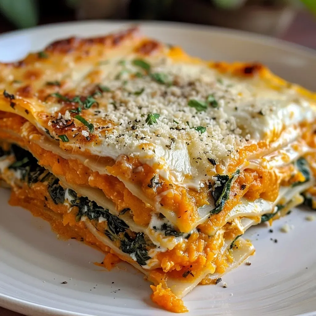 ['Close-up of a slice of butternut squash and spinach lasagna on a plate, showcasing its creamy layers.', 'Side view of a delicious butternut squash and spinach lasagna, revealing the vibrant orange and green filling.', 'Juicy butternut squash and spinach lasagna with melted cheese, served on a wooden table.', 'A close-up shot of butternut squash and spinach lasagna, highlighting the cheesy top and rich texture.']