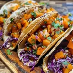 ['Close-up view of Butternut Squash Black Bean Tacos with vibrant toppings.', 'Juicy Butternut Squash Black Bean Tacos arranged on a plate with fresh toppings.', 'Side view of tacos filled with butternut squash and black beans, garnished with cabbage and cilantro.', 'Colorful Butternut Squash Black Bean Tacos displayed with creamy sauce and lime wedges.']