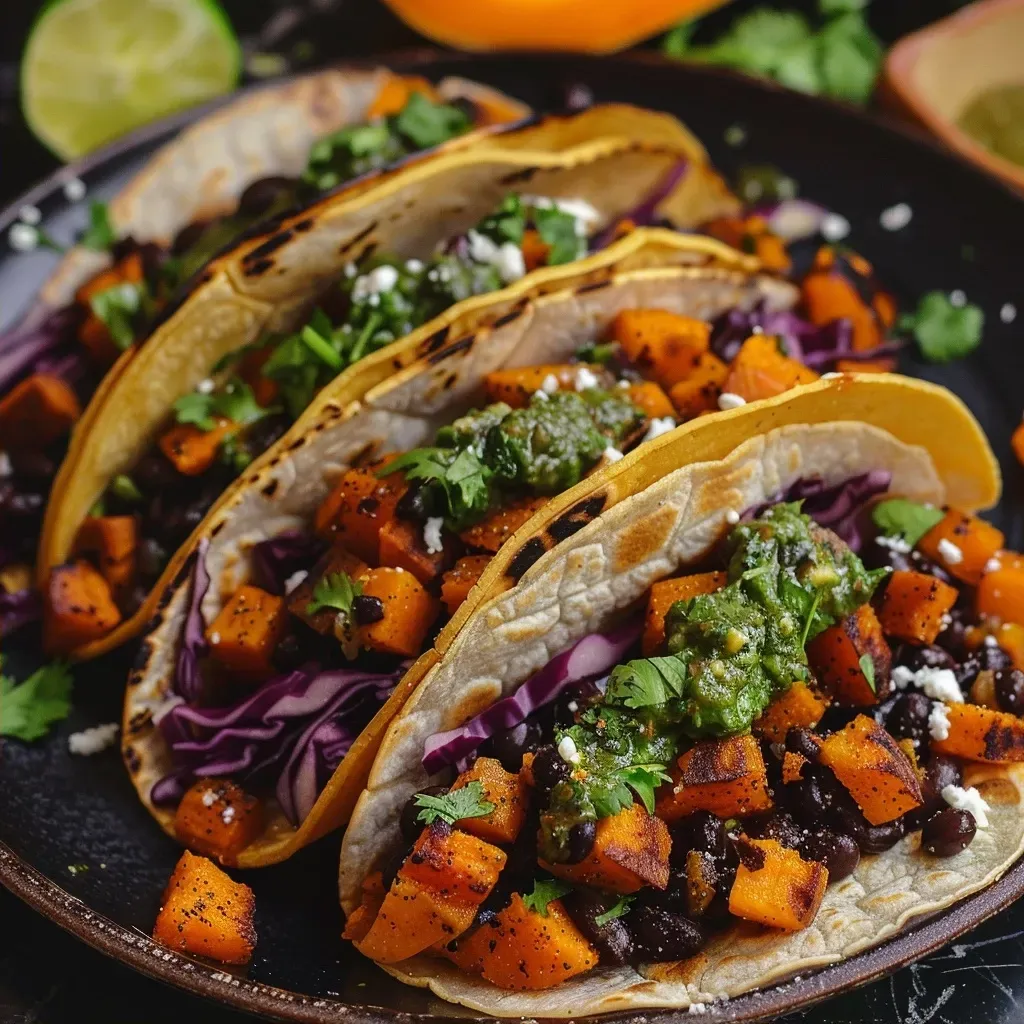 ['Close-up view of Butternut Squash Black Bean Tacos with vibrant toppings.', 'Juicy Butternut Squash Black Bean Tacos arranged on a plate with fresh toppings.', 'Side view of tacos filled with butternut squash and black beans, garnished with cabbage and cilantro.', 'Colorful Butternut Squash Black Bean Tacos displayed with creamy sauce and lime wedges.']