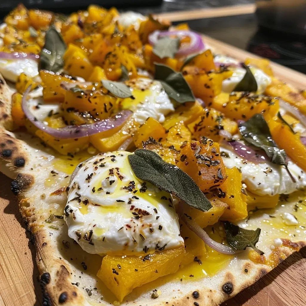 ['Close-up view of Butternut Squash & Burrata Flatbread topped with crispy sage leaves.', 'Side view of a flatbread with roasted butternut squash, burrata cheese, and sage.', 'Detailed image of a Butternut Squash flatbread garnished with fried sage and sliced red onions.', 'Juicy butternut squash and burrata flatbread presented for enjoyment, with crispy sage on top.']