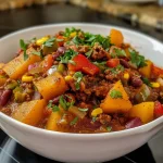 ['Close-up of a bowl filled with colorful butternut squash chili topped with herbs.', 'Side view of a hearty butternut squash chili with ground beef and vibrant vegetables.', 'Zoomed-in image of butternut squash chili featuring beans, corn, and spices.', 'Rich, textured chili made with butternut squash, ground meat, and fresh ingredients.']