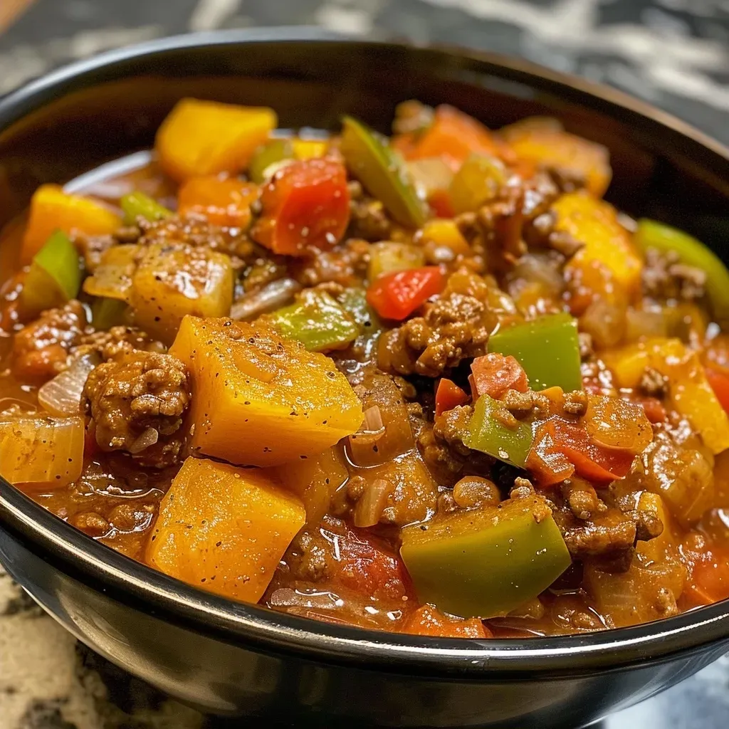 ['Close-up of a bowl filled with colorful butternut squash chili topped with herbs.', 'Side view of a hearty butternut squash chili with ground beef and vibrant vegetables.', 'Zoomed-in image of butternut squash chili featuring beans, corn, and spices.', 'Rich, textured chili made with butternut squash, ground meat, and fresh ingredients.']