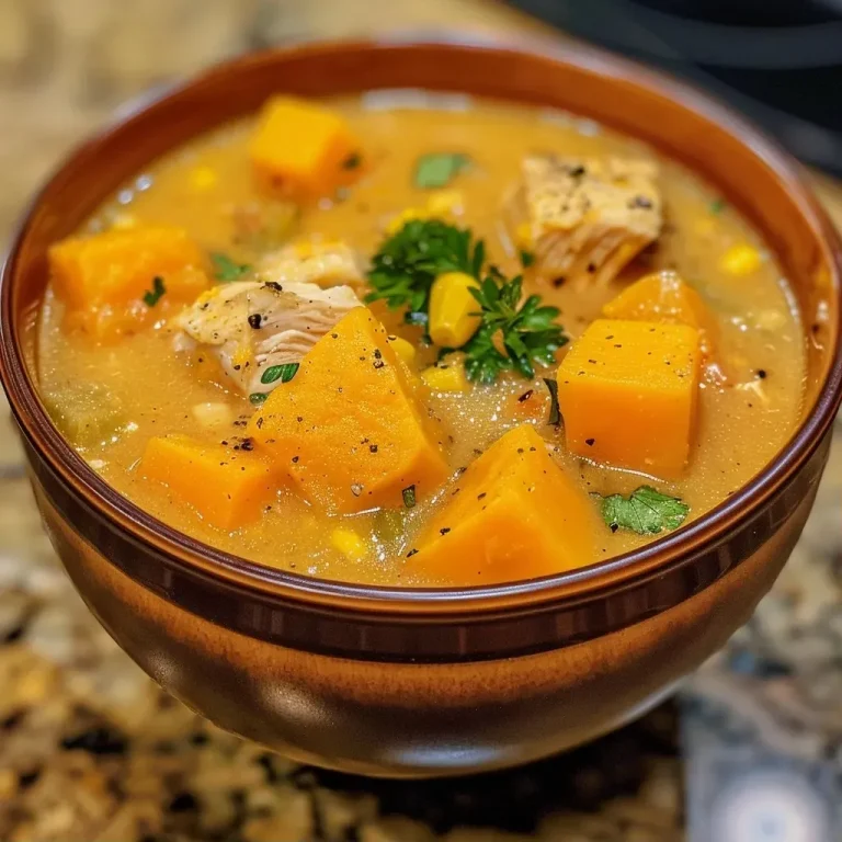 ['A creamy bowl of butternut squash chowder with visible chicken, corn, and sweet potato chunks.', 'Side view of a rich butternut squash, chicken, and sweet potato chowder garnished with herbs.', 'Close-up of a hearty butternut squash chowder showcasing diced chicken and vibrant corn kernels.', 'A colorful bowl of chowder featuring yellow butternut squash, orange sweet potato, and green herbs.']