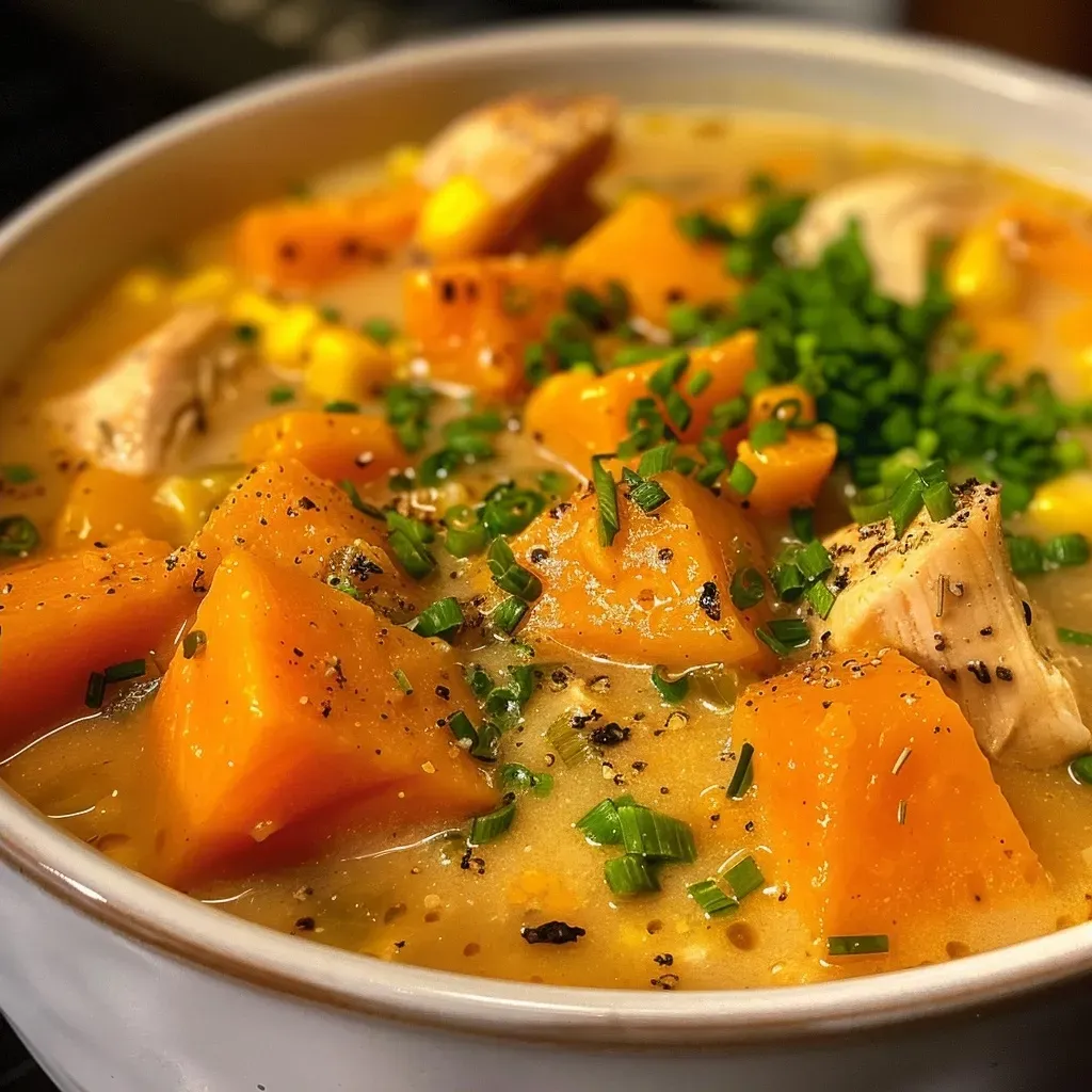 ['A creamy bowl of butternut squash chowder with visible chicken, corn, and sweet potato chunks.', 'Side view of a rich butternut squash, chicken, and sweet potato chowder garnished with herbs.', 'Close-up of a hearty butternut squash chowder showcasing diced chicken and vibrant corn kernels.', 'A colorful bowl of chowder featuring yellow butternut squash, orange sweet potato, and green herbs.']