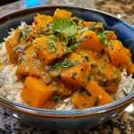 ['A close-up view of Butternut Squash Coconut Curry featuring chunks of squash in a creamy sauce.', 'Delicious Butternut Squash Coconut Curry in a bowl, showcasing colorful ingredients and garnished with cilantro.', 'Side view of a vibrant Butternut Squash Coconut Curry with a coconut milk base and spices visible.', 'An appetizing close-up of Butternut Squash Coconut Curry highlighting its rich texture and deep flavor.']