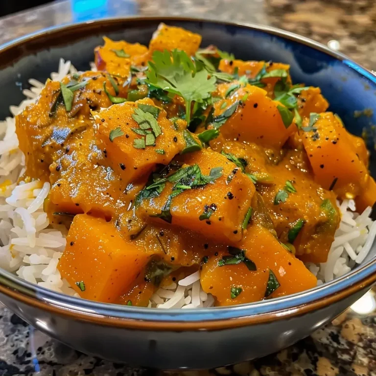 ['A close-up view of Butternut Squash Coconut Curry featuring chunks of squash in a creamy sauce.', 'Delicious Butternut Squash Coconut Curry in a bowl, showcasing colorful ingredients and garnished with cilantro.', 'Side view of a vibrant Butternut Squash Coconut Curry with a coconut milk base and spices visible.', 'An appetizing close-up of Butternut Squash Coconut Curry highlighting its rich texture and deep flavor.']
