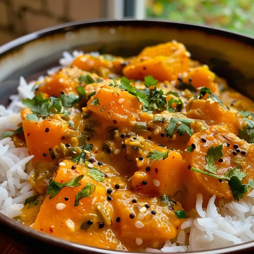 ['A close-up view of Butternut Squash Coconut Curry featuring chunks of squash in a creamy sauce.', 'Delicious Butternut Squash Coconut Curry in a bowl, showcasing colorful ingredients and garnished with cilantro.', 'Side view of a vibrant Butternut Squash Coconut Curry with a coconut milk base and spices visible.', 'An appetizing close-up of Butternut Squash Coconut Curry highlighting its rich texture and deep flavor.']
