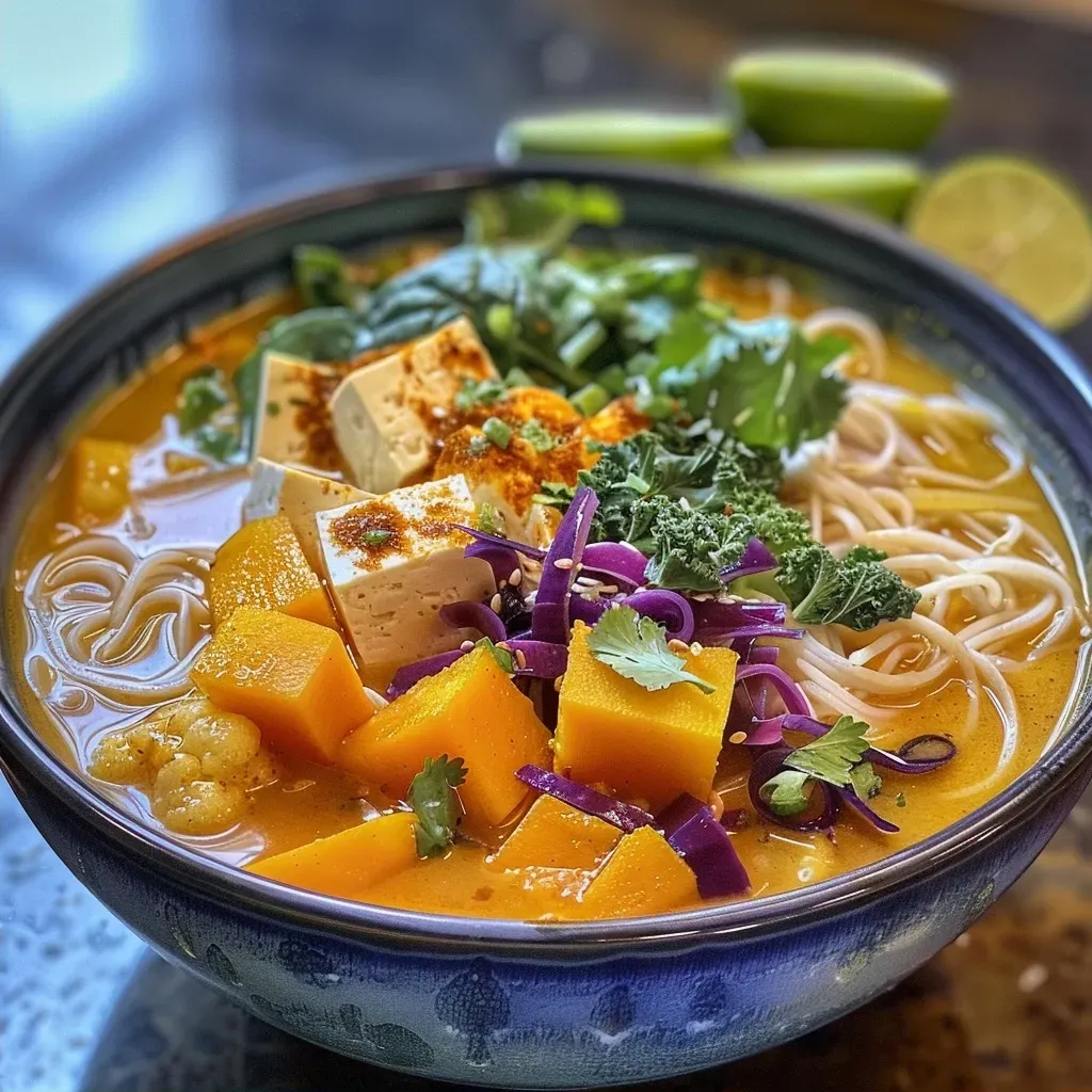 ['Close-up view of Butternut Squash Curry Noodle Soup in a bowl.', 'Side view of a vibrant bowl of Butternut Squash Curry Noodle Soup.', 'Juicy and colorful Butternut Squash Curry Soup with noodles and vegetables.', 'A delicious serving of Butternut Squash Curry Noodle Soup topped with fresh herbs.']