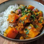 ['A close-up view of roasted butternut squash and chickpea curry served in a bowl.', 'Side view of a colorful butternut squash curry with chickpeas, garnished with chopped coriander.', 'Rich, creamy butternut squash curry featuring chunks of squash and chickpeas in a serving dish.', 'A vibrant curry dish with roasted butternut squash and chickpeas, highlighting its textures and colors.']