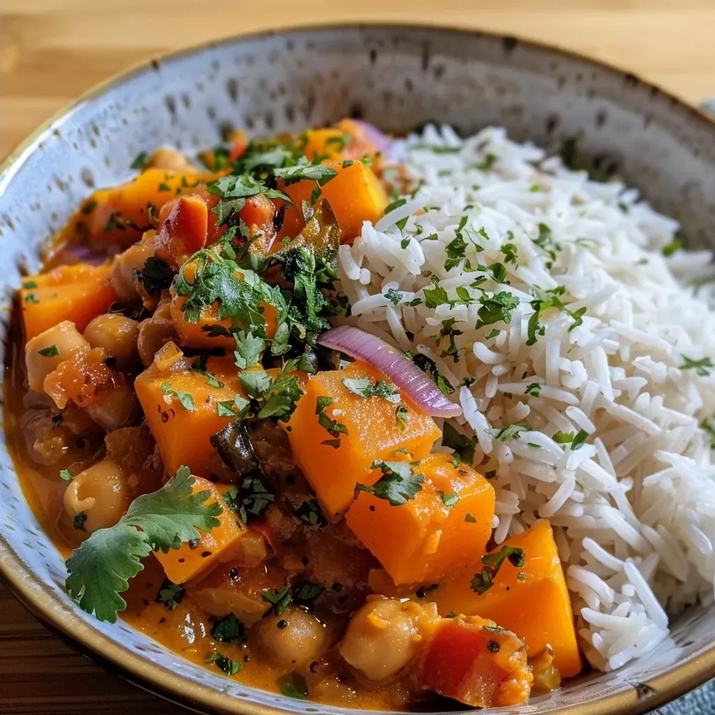 ['A close-up view of roasted butternut squash and chickpea curry served in a bowl.', 'Side view of a colorful butternut squash curry with chickpeas, garnished with chopped coriander.', 'Rich, creamy butternut squash curry featuring chunks of squash and chickpeas in a serving dish.', 'A vibrant curry dish with roasted butternut squash and chickpeas, highlighting its textures and colors.']