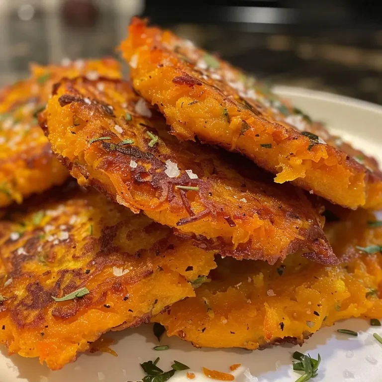 ['Juicy butternut squash fritters arranged on a plate with a golden-brown crust.', 'Close-up of crispy butternut squash fritters garnished with fresh thyme.', 'Side view of delicious butternut squash fritters showcasing their texture and color.', 'Plated butternut squash fritters with melted cheese visible in the strands.']