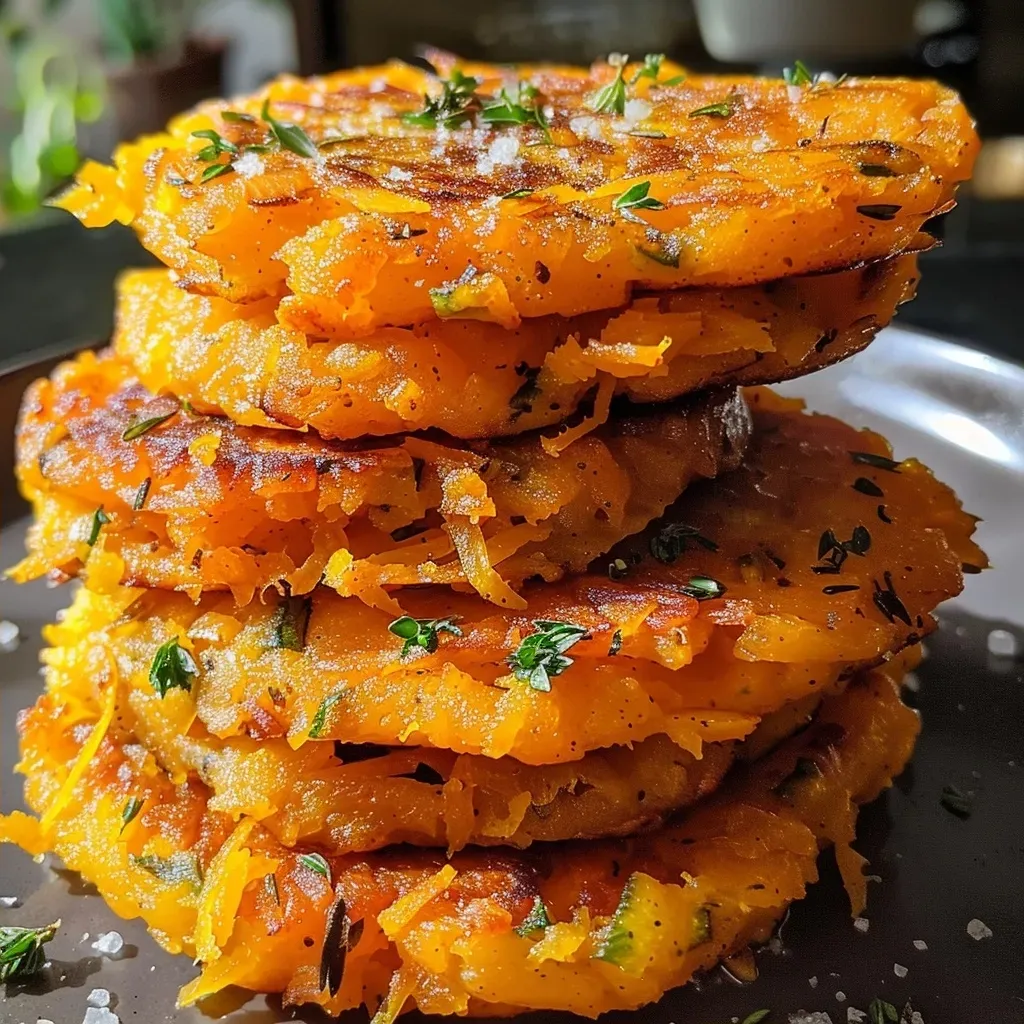 ['Juicy butternut squash fritters arranged on a plate with a golden-brown crust.', 'Close-up of crispy butternut squash fritters garnished with fresh thyme.', 'Side view of delicious butternut squash fritters showcasing their texture and color.', 'Plated butternut squash fritters with melted cheese visible in the strands.']