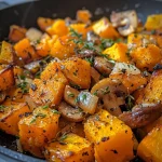 ['Close-up of a golden-brown butternut squash hash with eggs on a plate.', 'Juicy butternut squash hash topped with sunny-side-up eggs, garnished with herbs.', 'A vibrant dish featuring butternut squash, sautéed mushrooms, and eggs in a skillet.', 'Colorful butternut squash hash with diced onions, mushrooms, and fresh herbs.']