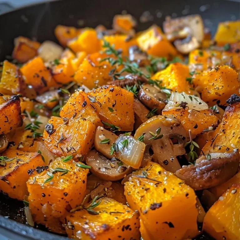 ['Close-up of a golden-brown butternut squash hash with eggs on a plate.', 'Juicy butternut squash hash topped with sunny-side-up eggs, garnished with herbs.', 'A vibrant dish featuring butternut squash, sautéed mushrooms, and eggs in a skillet.', 'Colorful butternut squash hash with diced onions, mushrooms, and fresh herbs.']