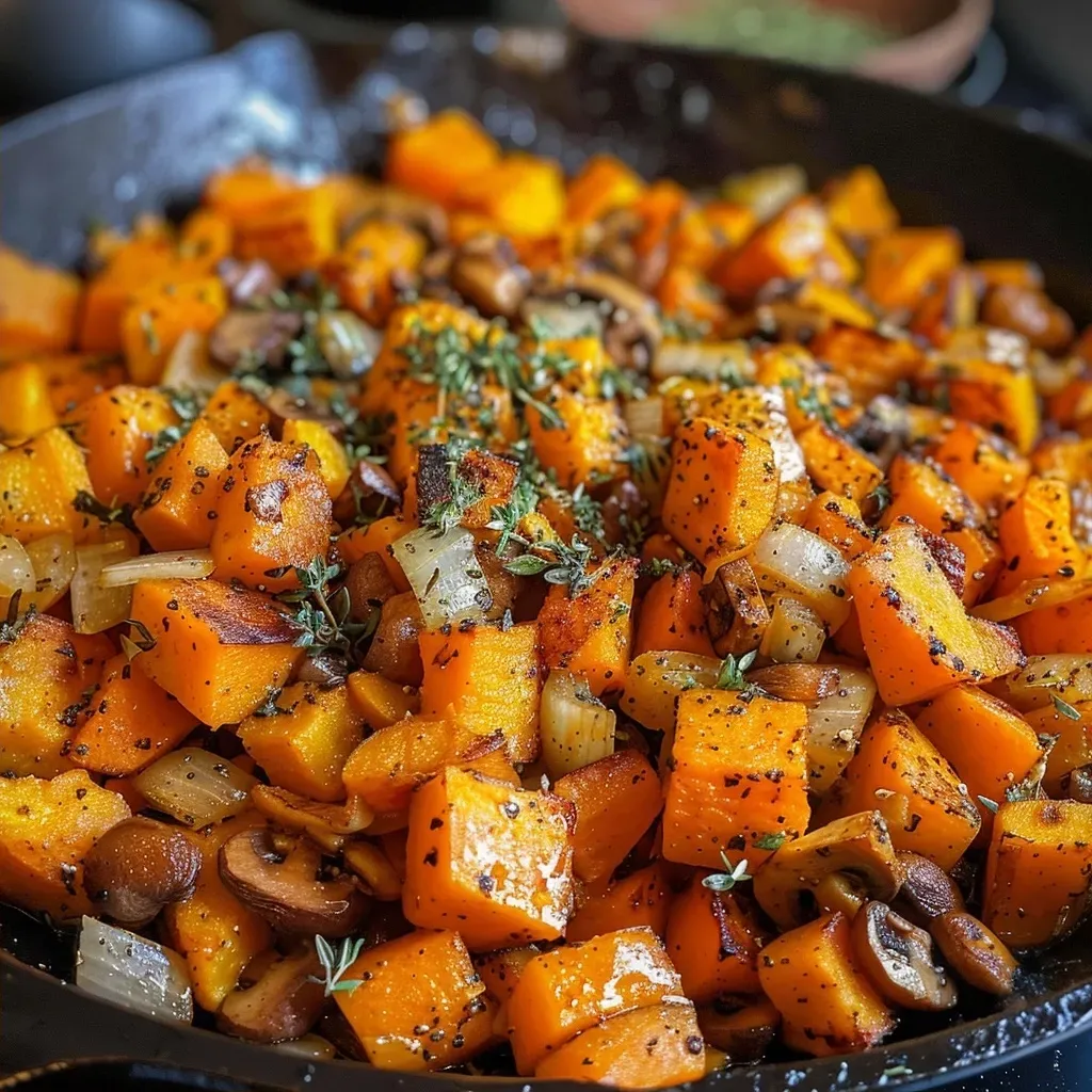 ['Close-up of a golden-brown butternut squash hash with eggs on a plate.', 'Juicy butternut squash hash topped with sunny-side-up eggs, garnished with herbs.', 'A vibrant dish featuring butternut squash, sautéed mushrooms, and eggs in a skillet.', 'Colorful butternut squash hash with diced onions, mushrooms, and fresh herbs.']