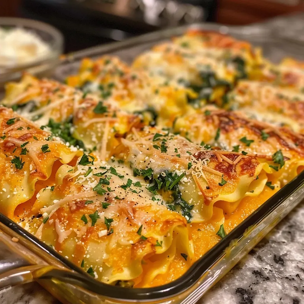 ['Close-up side view of Butternut Squash Lasagna Roll Ups, showcasing melted cheese and vibrant colors.', 'Juicy Butternut Squash Lasagna Roll Ups with a rich filling, seen from the side on a plate.', 'A delicious serving of Butternut Squash Lasagna Roll Ups highlighting layers of cheese and squash.', 'Side view of stacked Butternut Squash Lasagna Roll Ups with visible herbs and cheese melting.']
