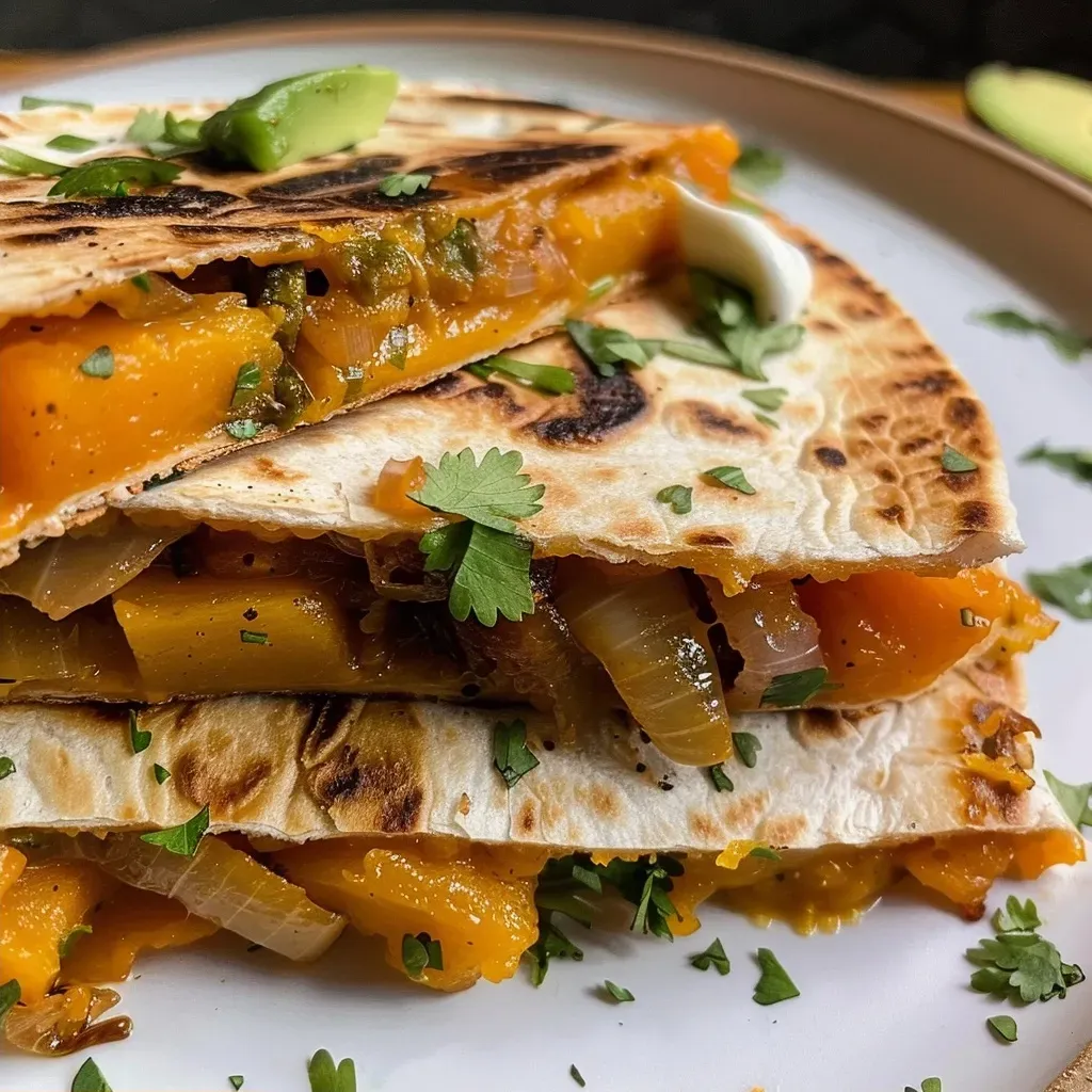 ['A close-up view of a delicious butternut squash quesadilla filled with caramelized onions and garnished with avocado.', 'Side view of a juicy butternut squash quesadilla, showcasing layers of melted mozzarella and caramelized onions.', 'A vibrant butternut squash quesadilla with golden caramelized onions, served on a plate with a dollop of sour cream.', 'A mouthwatering butternut squash quesadilla filled with black beans, topped with fresh cilantro and avocado slices.']