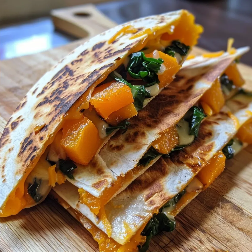 ['A close-up view of a delicious butternut squash quesadilla filled with caramelized onions and garnished with avocado.', 'Side view of a juicy butternut squash quesadilla, showcasing layers of melted mozzarella and caramelized onions.', 'A vibrant butternut squash quesadilla with golden caramelized onions, served on a plate with a dollop of sour cream.', 'A mouthwatering butternut squash quesadilla filled with black beans, topped with fresh cilantro and avocado slices.']