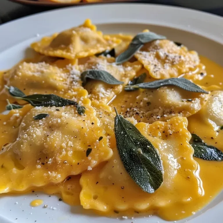 ['Close-up view of Butternut Squash Ravioli in a rich butter sauce with sage leaves.', 'Side angle of Butternut Squash Ravioli plated with a creamy butter sauce and sage.', 'Juicy Butternut Squash Ravioli garnished with fresh sage in a buttery sauce.', 'Detailed shot of butternut squash ravioli surrounded by melted butter and herbs.']