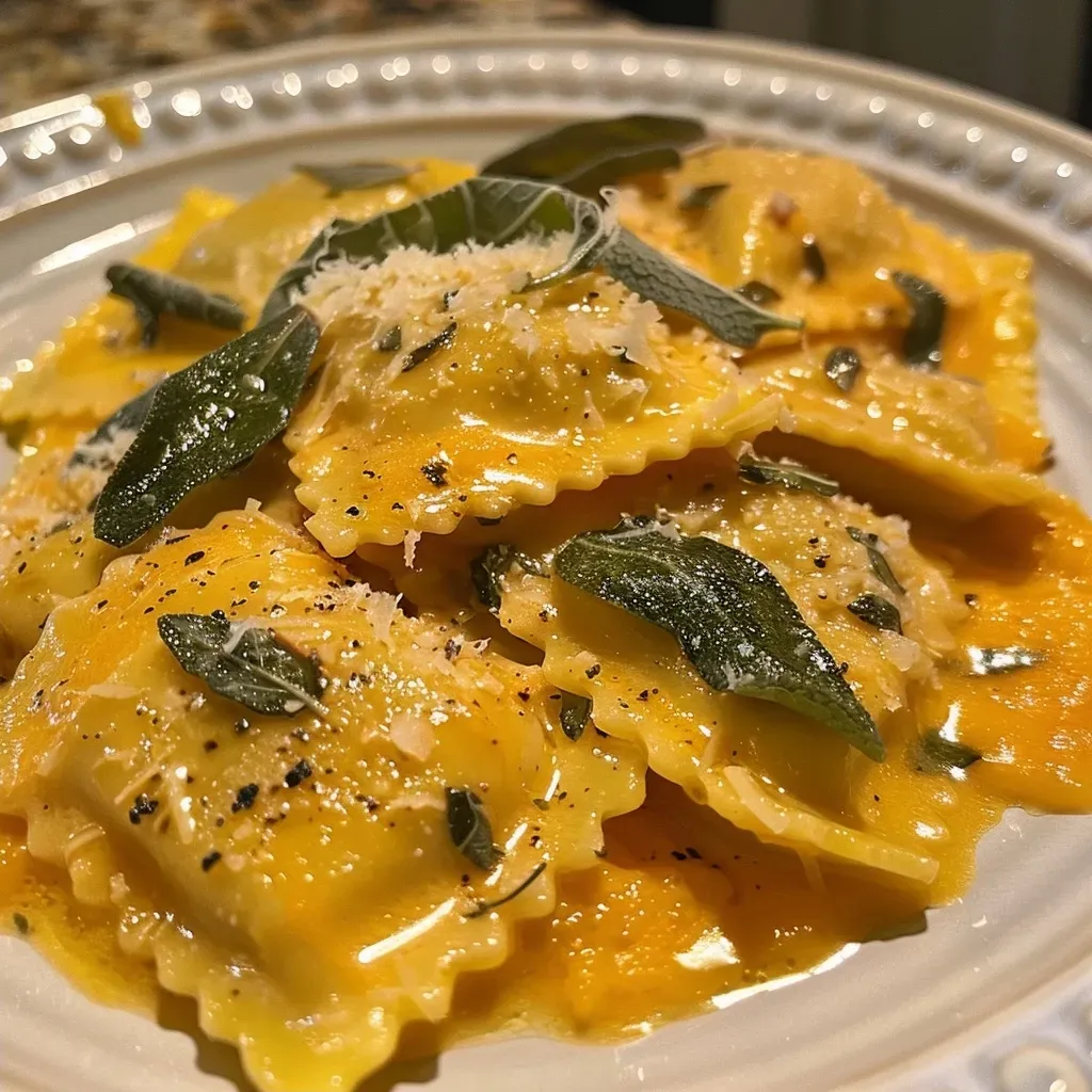 ['Close-up view of Butternut Squash Ravioli in a rich butter sauce with sage leaves.', 'Side angle of Butternut Squash Ravioli plated with a creamy butter sauce and sage.', 'Juicy Butternut Squash Ravioli garnished with fresh sage in a buttery sauce.', 'Detailed shot of butternut squash ravioli surrounded by melted butter and herbs.']