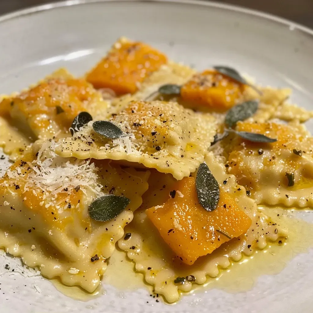 ['Close-up of Butternut Squash Ravioli drizzled with brown butter sage sauce.', 'Side view of golden Butternut Squash Ravioli topped with crispy sage leaves.', 'Juicy Butternut Squash Ravioli on a plate, garnished with brown butter and fresh sage.', 'Delicious Butternut Squash Ravioli showcasing a rich brown butter glaze and sage.']