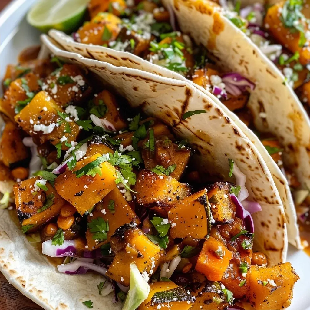 ['Close-up view of vibrant butternut squash tacos filled with colorful ingredients.', 'Side view of butternut squash tacos garnished with slaw and toppings on a plate.', 'Juicy butternut squash tacos displayed with lime wedges and sauces.', 'Detailed shot of a taco filled with roasted butternut squash, black beans, and seasonings.']