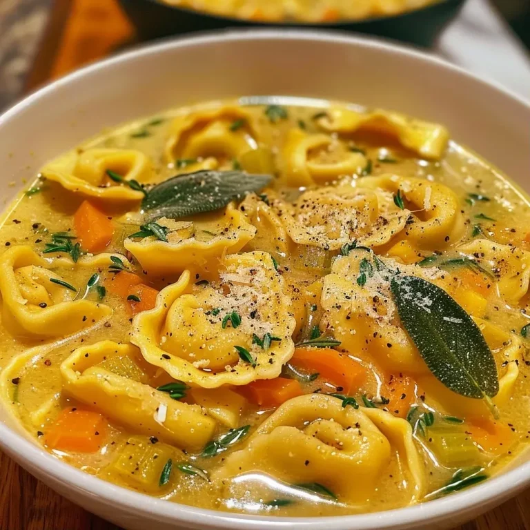 ['Close-up of Butternut Squash Tortellini Soup with tortellini and herbs visible.', 'Creamy Butternut Squash Tortellini Soup in a bowl, garnished with fresh sage and Parmesan.', 'Spoonful of vibrant Butternut Squash Tortellini Soup showcasing the colorful ingredients.', 'Rich and inviting Butternut Squash Tortellini Soup with a creamy texture and herbs.']