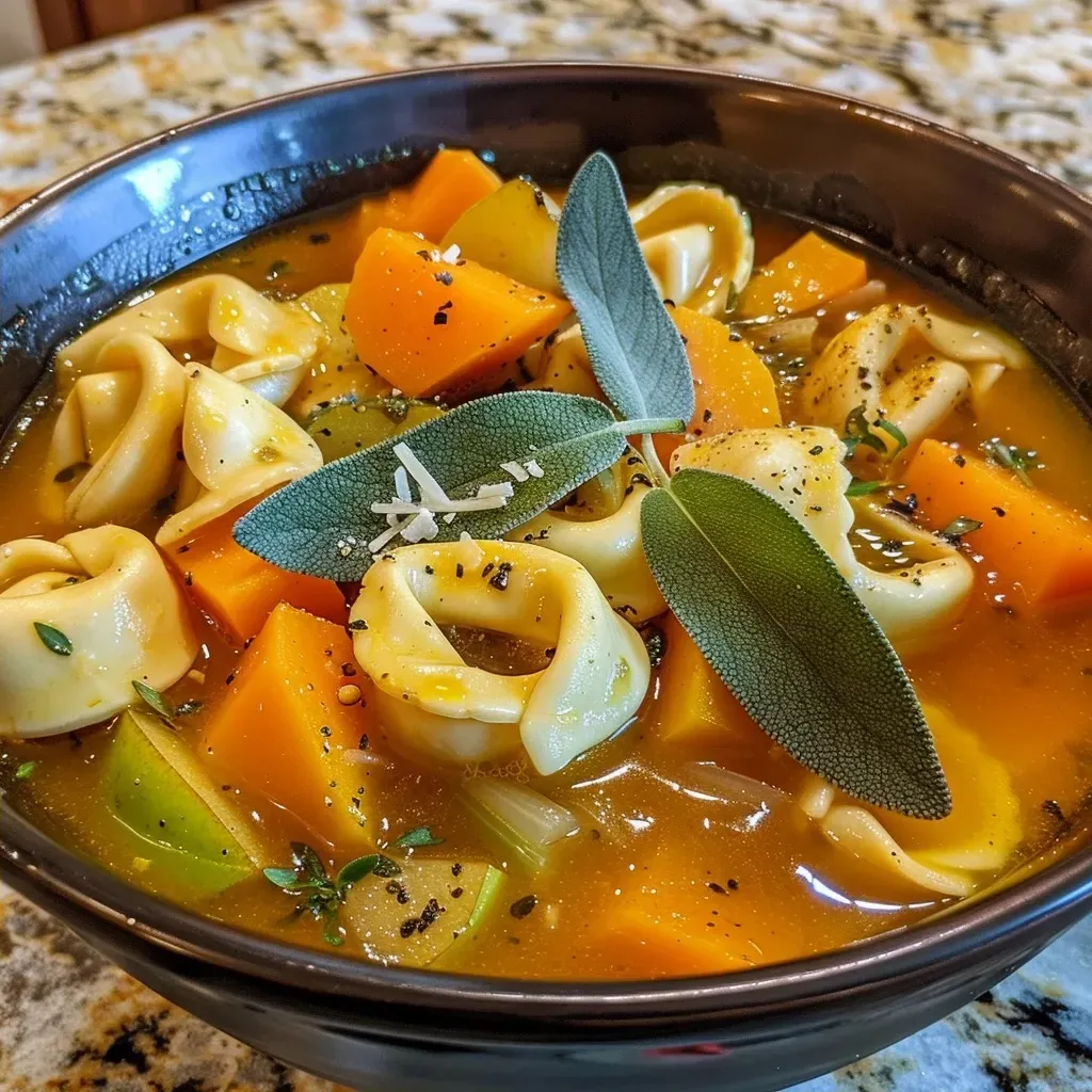 ['Close-up of Butternut Squash Tortellini Soup with tortellini and herbs visible.', 'Creamy Butternut Squash Tortellini Soup in a bowl, garnished with fresh sage and Parmesan.', 'Spoonful of vibrant Butternut Squash Tortellini Soup showcasing the colorful ingredients.', 'Rich and inviting Butternut Squash Tortellini Soup with a creamy texture and herbs.']